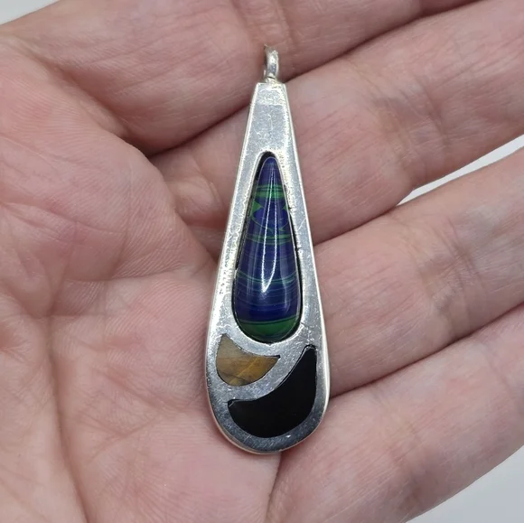 Taxco Lapis & Malachite Teardrop Pendant Hallmark 950 TS-101 Mexico - Picture 5 of 9